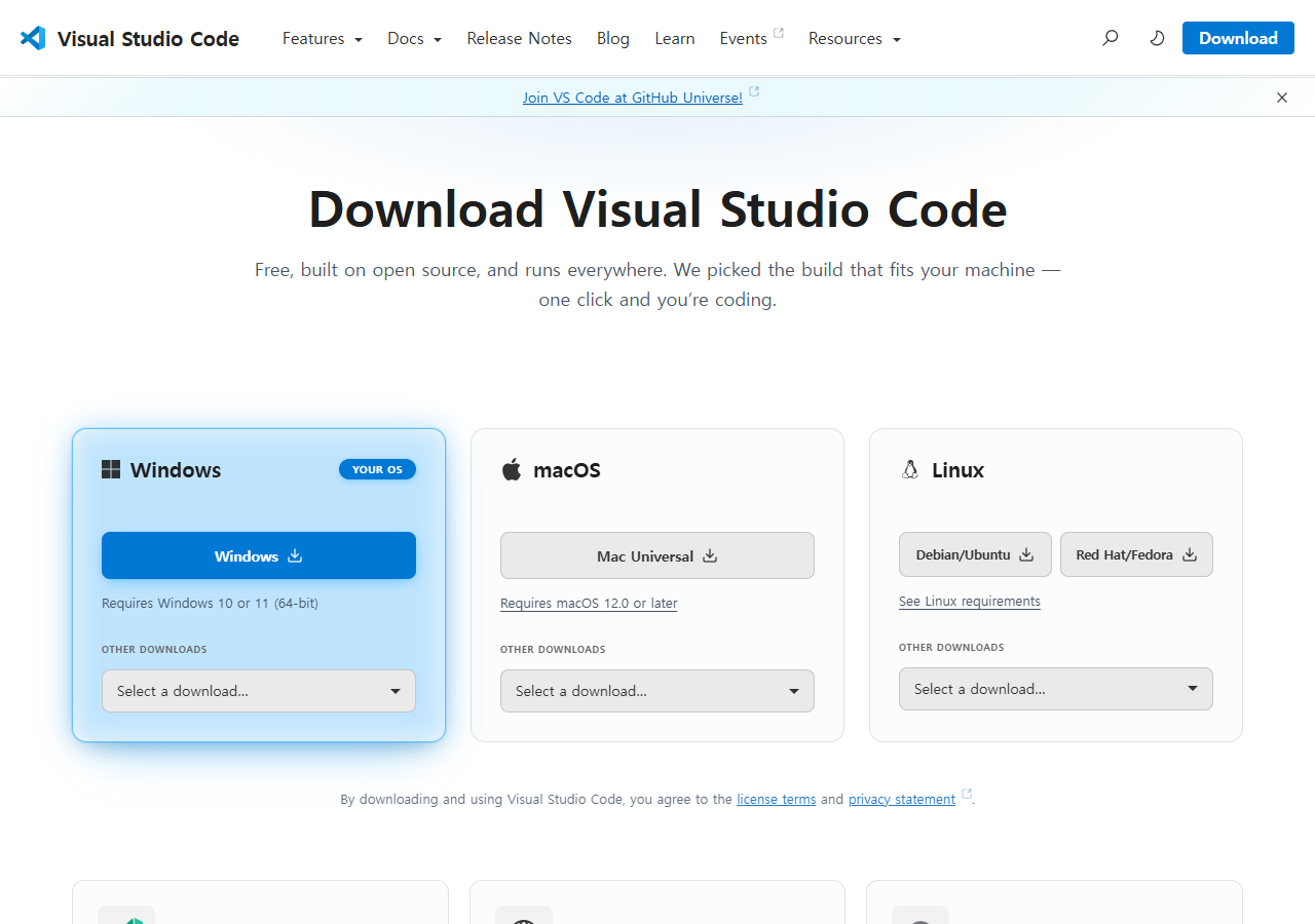 VS Code 공식 다운로드 페이지의 Windows macOS Linux 선택 화면